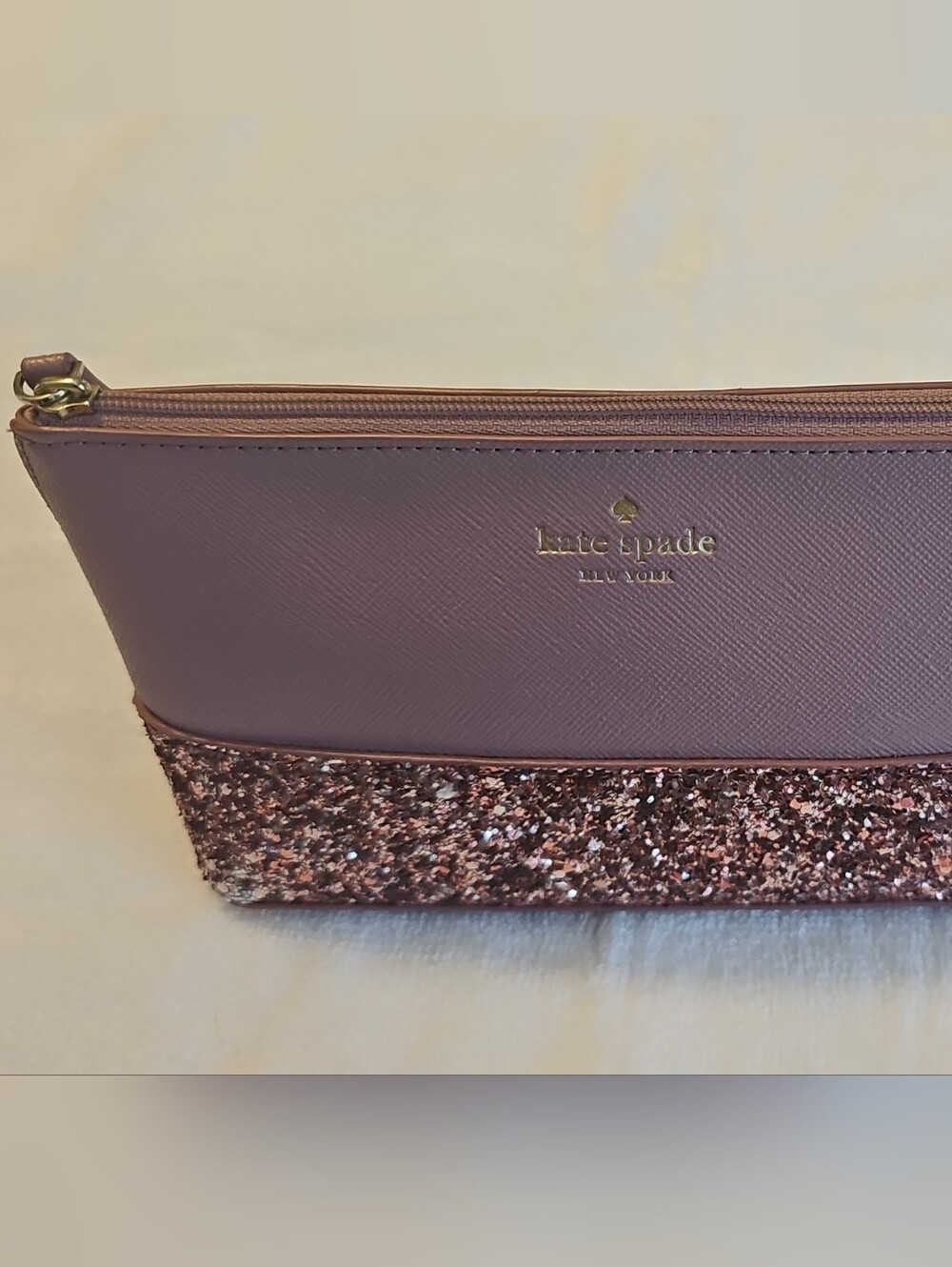 Kate Spade Mauve Glitter Accent Makeup Bag with Gold Logo